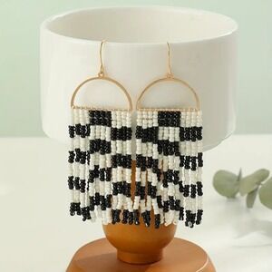 Beaded Dangle Earrings Checkerboard Fringe Statement Earrings Bohemian Jewelry